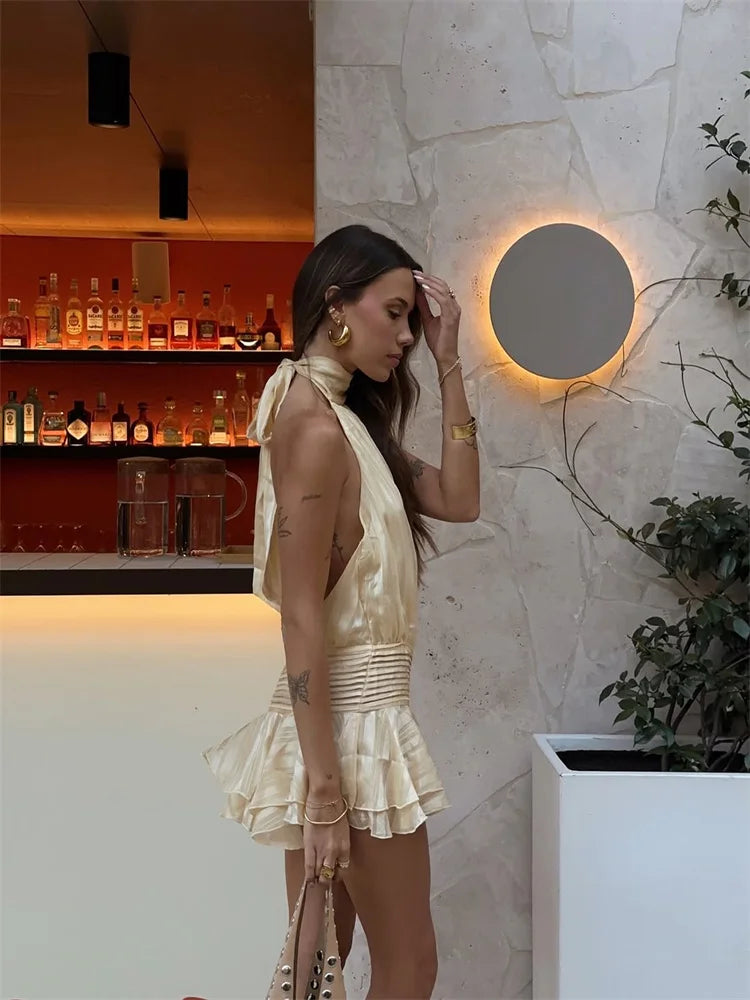 Halter Ruffle Mini Dress Kvinder sexet ærmeløs rygfri snøring op festkjoler 2025 Summer Beach Fashion Vacation Lady Short Robe