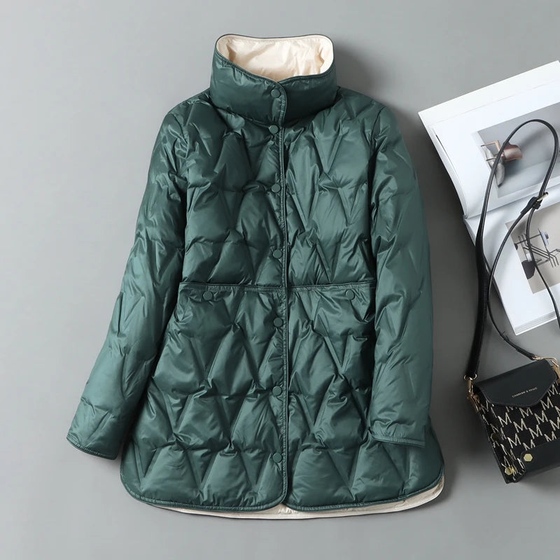 Lagabogy 2025 New Autumn Winter Women Ultralight White Duck Down Long Jacket Female Single-Breasted Double Sided Puffer Coat