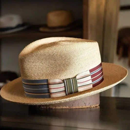 2025  New Fedora Straw Hat with Wide Striped Band, Woven Sun Hat for Men Women