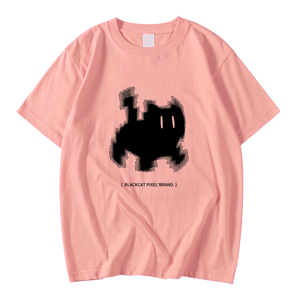Koreanska mode kvinnors t-shirts svart katt pixel tecknade tryck toppar bekväma mjuka o-hals lösa korta ärm kvinnliga kläder