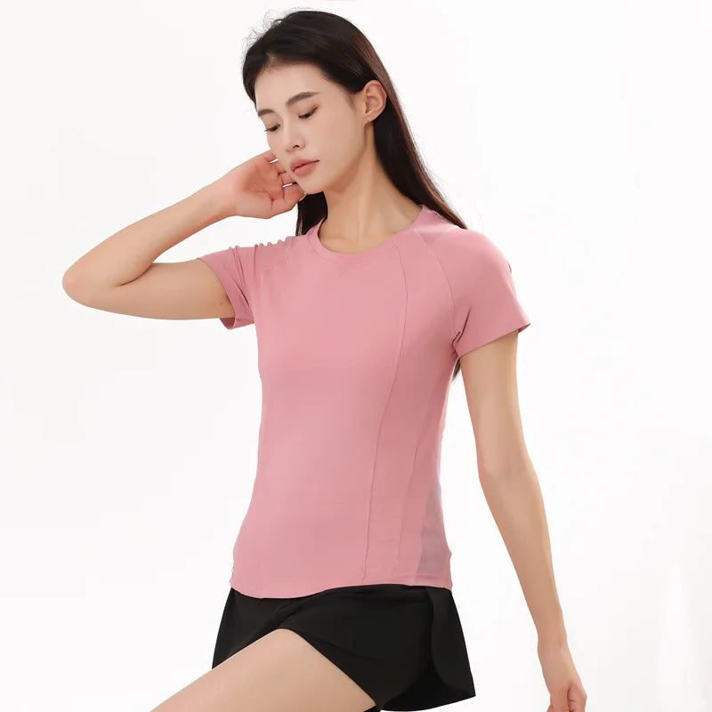American Minimalist Style Non-marking Yoga Sports Tops Women Round Neck Slim Sports Fitness Mesh Quick Dry Fitness Clothing