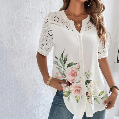 Temperamento Camisa de encaje casual Moda Fashion Camiseta suelta Mujer Elegante Manga corta Blusa Fin de semana
