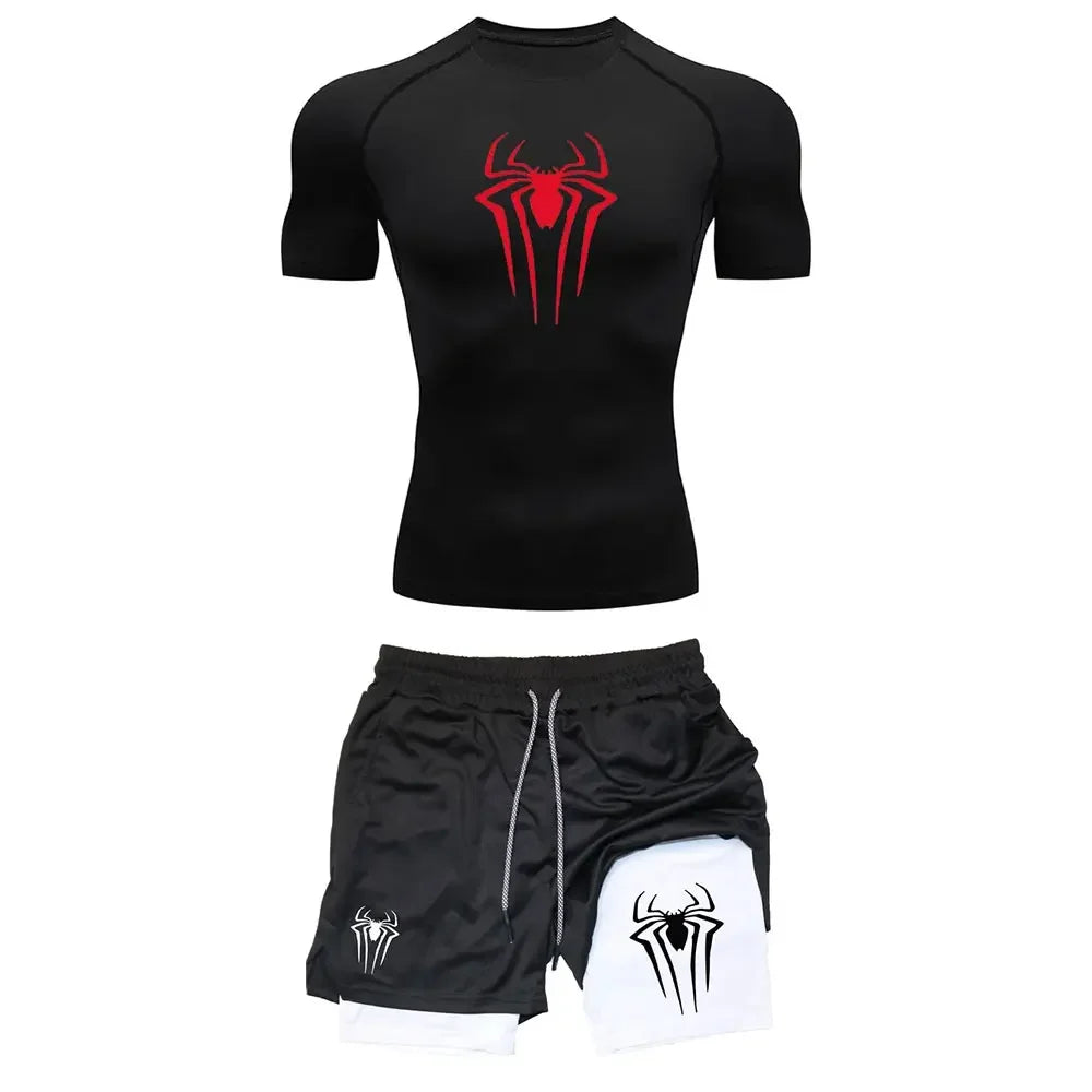Herrträningskomprimering set y2k spindel tryckt gym tshirts andningsbara löpning shorts snabb torr sport utslag skydd sportkläder set