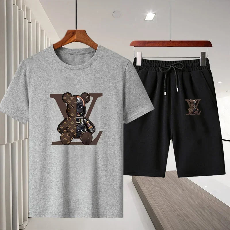 Ny 2025 Summer Leisure Men's Sports Suit Outdoor vandring Jogging Men's Short Sleeve Breattable T-shirt + Shorts Two-Piece Set