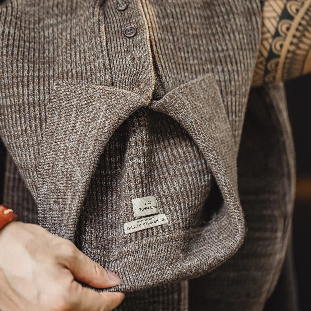 Maden Polo retro Polos de punto suelto Coffee Color Lapel Ségano Otoño Invierno Invierno Tío Fu Jumper