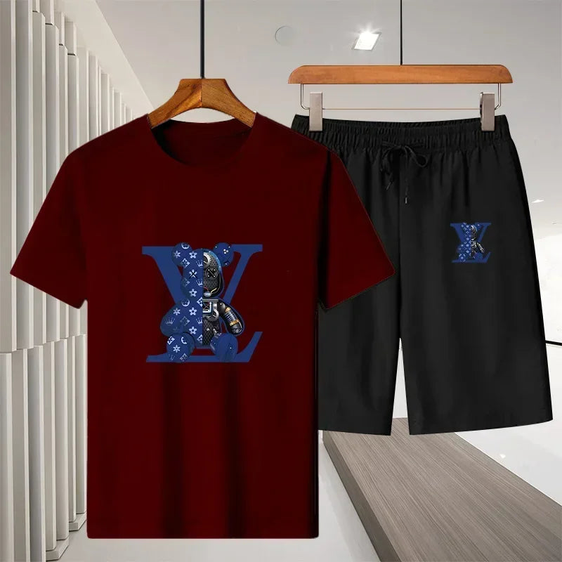 Ny 2025 Summer Leisure Men's Sports Suit Outdoor vandring Jogging Men's Short Sleeve Breattable T-shirt + Shorts Two-Piece Set