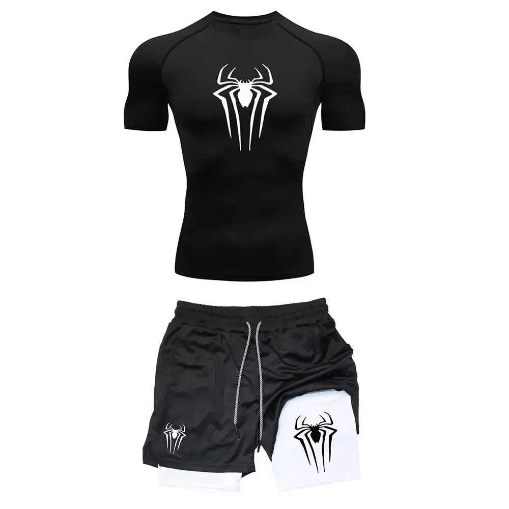 Herrträningskomprimering set y2k spindel tryckt gym tshirts andningsbara löpning shorts snabb torr sport utslag skydd sportkläder set