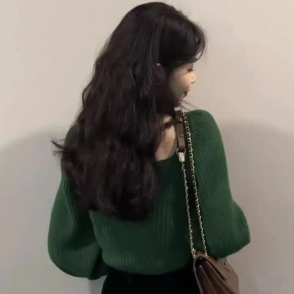 Autumn Square Collar Warm Sweaters Fashion Korean Solid Loose Knit Jumper Elegant Long Sleeve All Match Pullover Sweater M53