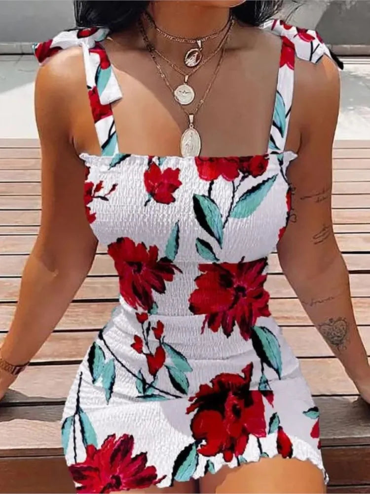 Vestido de impressão magra sexy de verão Mulheres Moda Spaghetti Strap Pacote Elegante Hips Bodycon Mini vestidos femlae praia vestido de festa