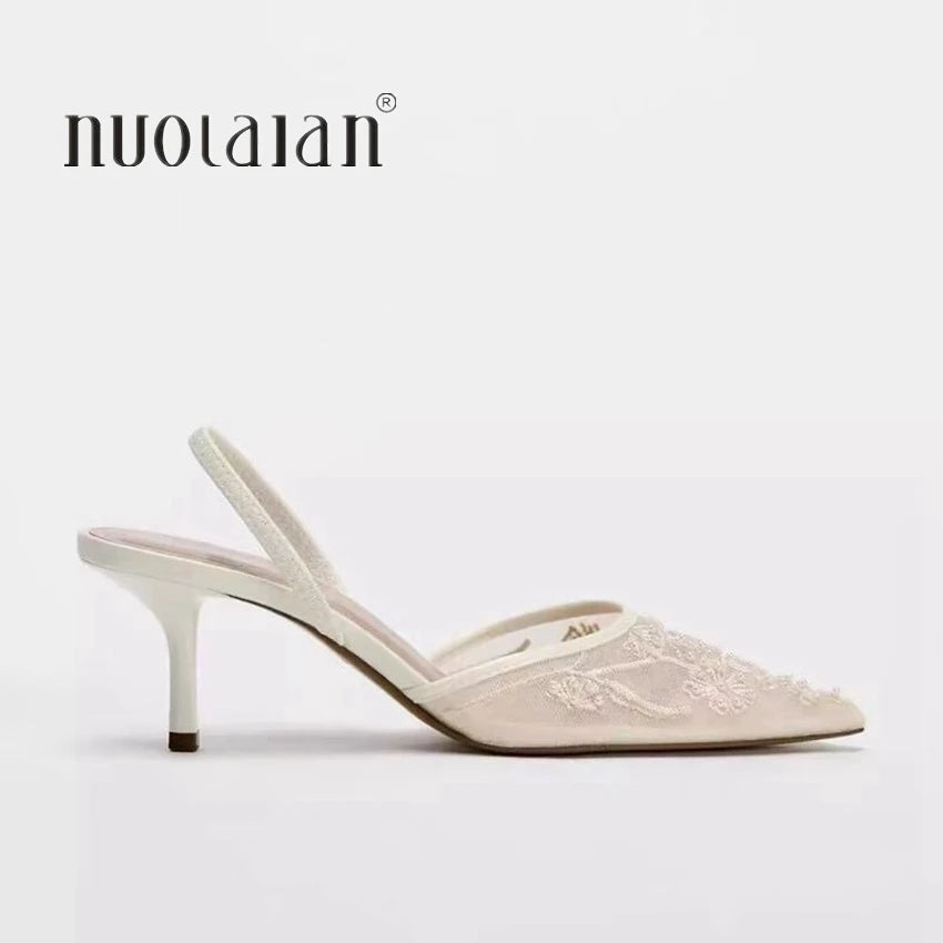 Mesh Embroidered Women Sandals String Bead Thin High Heels Mules Shoes Pointed Toe Slingback Slippers Women Zapatos De Mujer