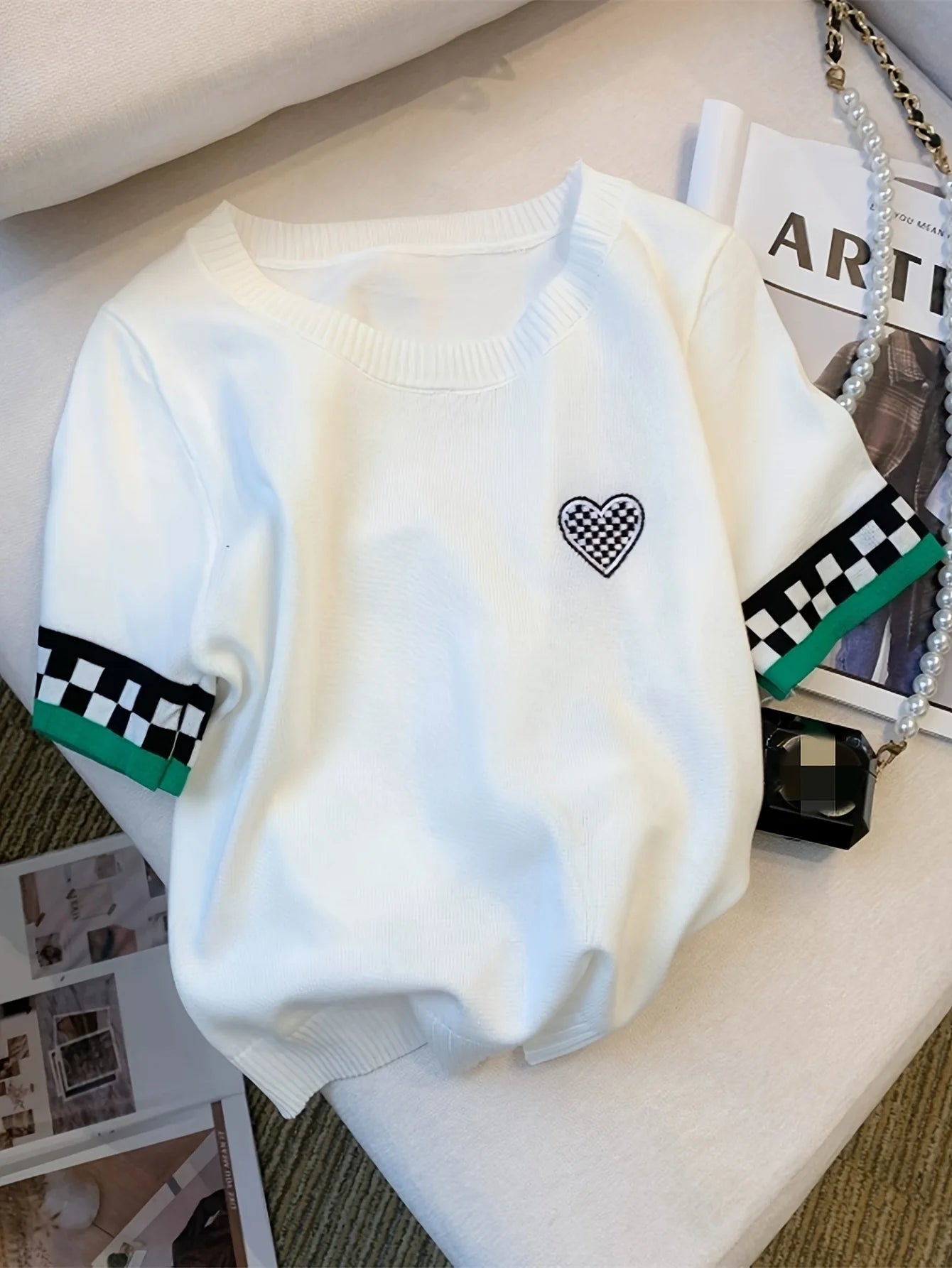 Nyt sommerhjerte mønster ribbed pullover sweater afslappet kontrast trim besætning hals kortærmet sweater kvinder tøjafgrøde top