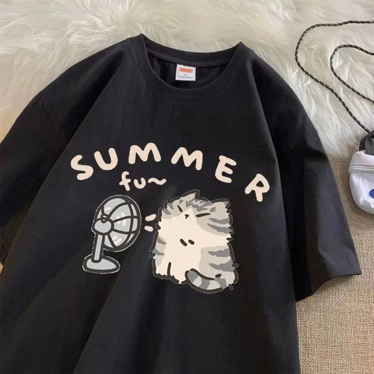 Fan Cat and Women Pure T-shirt för män American Street Creative Blow Summer avslappnad kort ärmpar bär ins topp