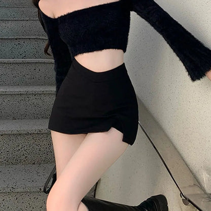 Black Split Mini kjolar kvinnor sommar sexig klubb hög midja slits kjol streetwear koreansk fest mode oregelbundna smala en linjekjol