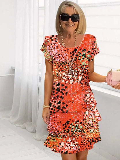 2025 Spring Chic Floral Print Chiffon Dress Woman Elegant Crew Neck Tierred Pleated Dress Summer Short Sleeve A-Line Party Dress