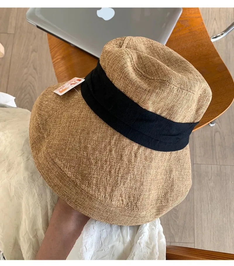 Old Money Style Cotton Linen Sun Hats Women Travel Breathable UV Protection Hat Summer Beach Quiet Luxury Wide Brim Bucket Hats
