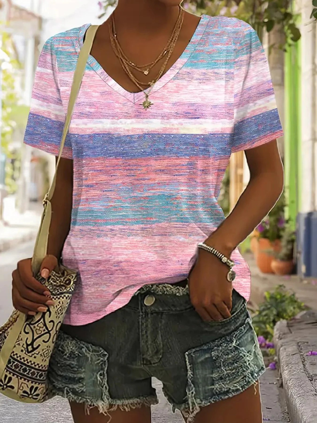 Women's Casual T-Shirt Elegant Striped T Shirts Women's Clothing Stylish V Neck Tee Tops for 2025 Fashionate Trend