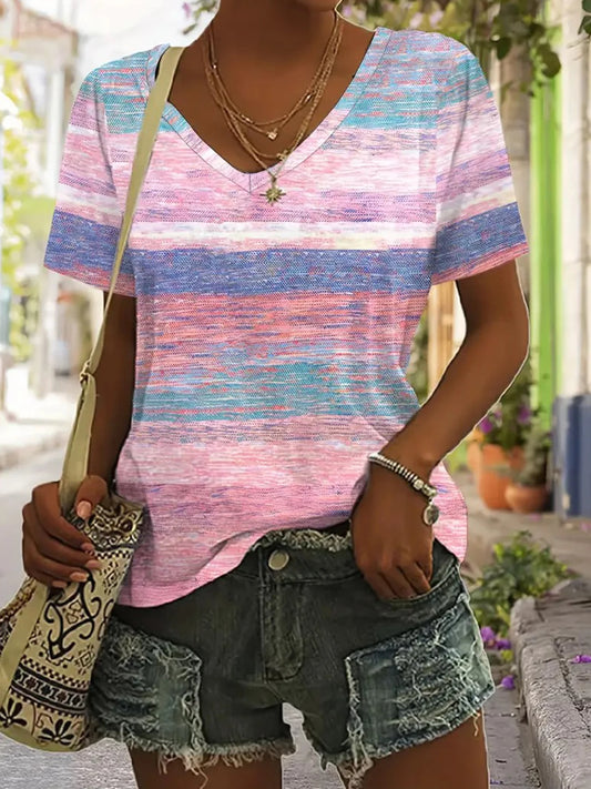 Women's Casual T-Shirt Elegant Striped T Shirts Women's Clothing Stylish V Neck Tee Tops for 2025 Fashionate Trend