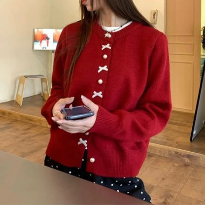 Cute Sweet Bow Pearl Buttons Loose Sweater Women Korean Preppy Style Autumn Spring Long Sleeve O Neck Knitted Cardigans Coats