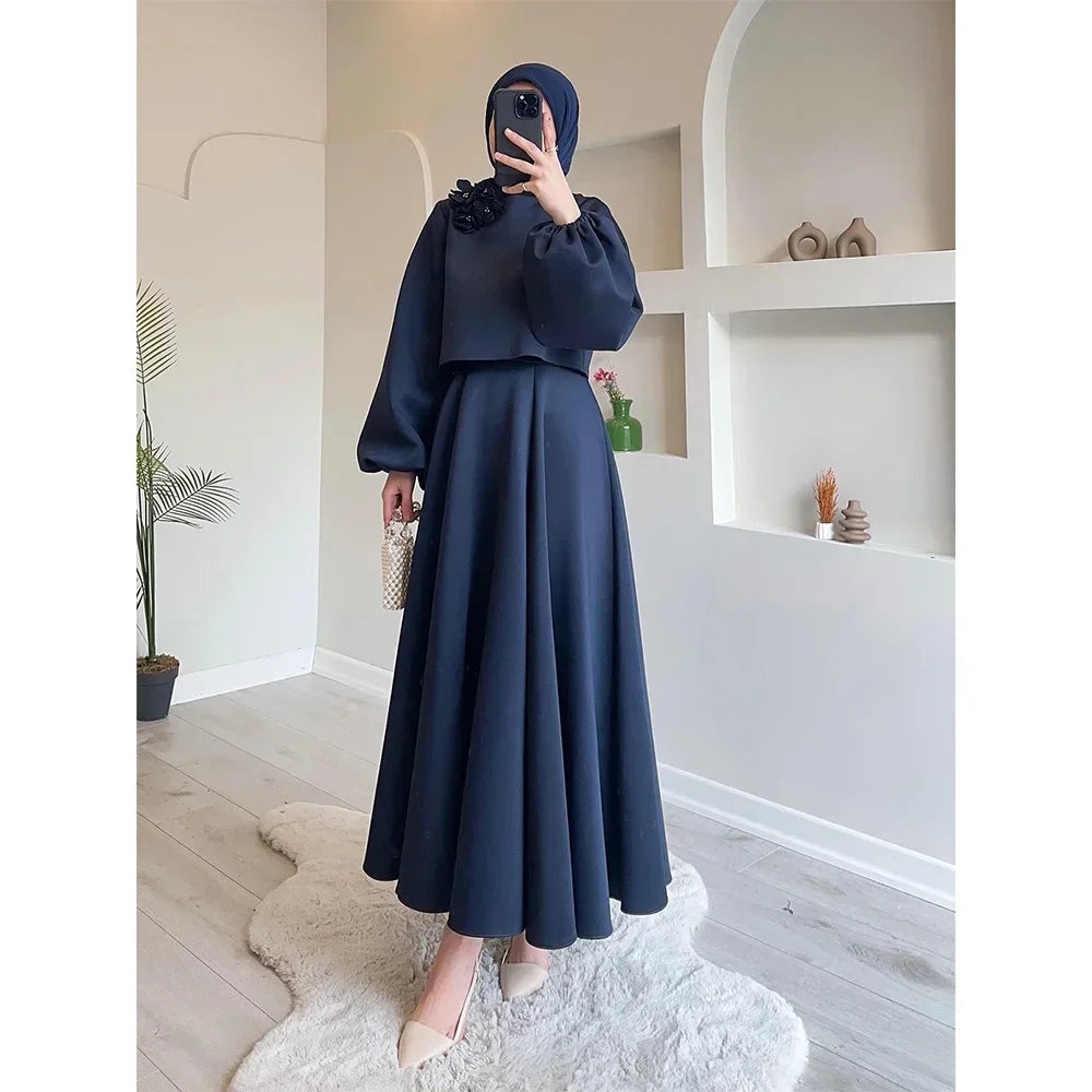 Eid Dubai tískusett 2 stykki konur Lantern ermi Top skyrta og pils hentar Musulman hljómsveitir jalabiya appliques múslimskir settar