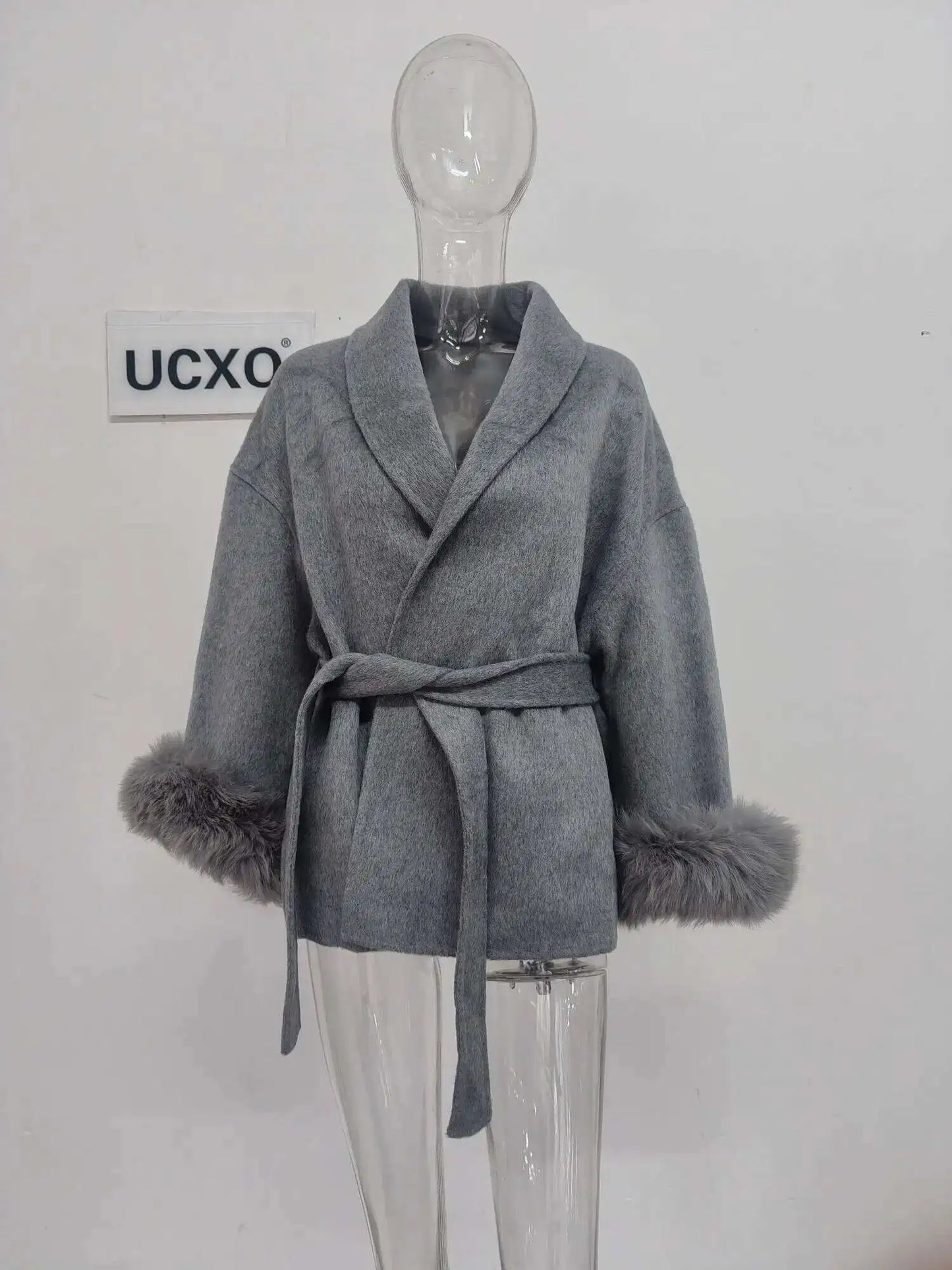 UCXQ elegancki ol biuro dama płaszcza futra patchwork wełniany płaszcz z długim rękawem Piękna damska kurtka odzieżowa jesień 2025