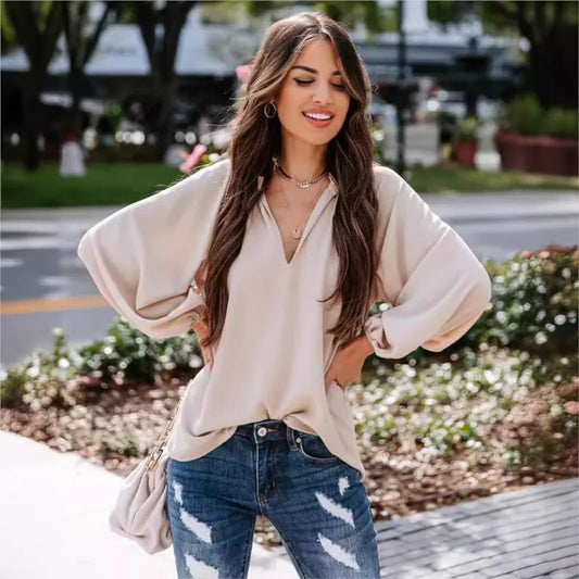 Casual V-neck long sleeved solid color shirt T-shirt for spring and autumn women fashionable and elegant commuting versatile top