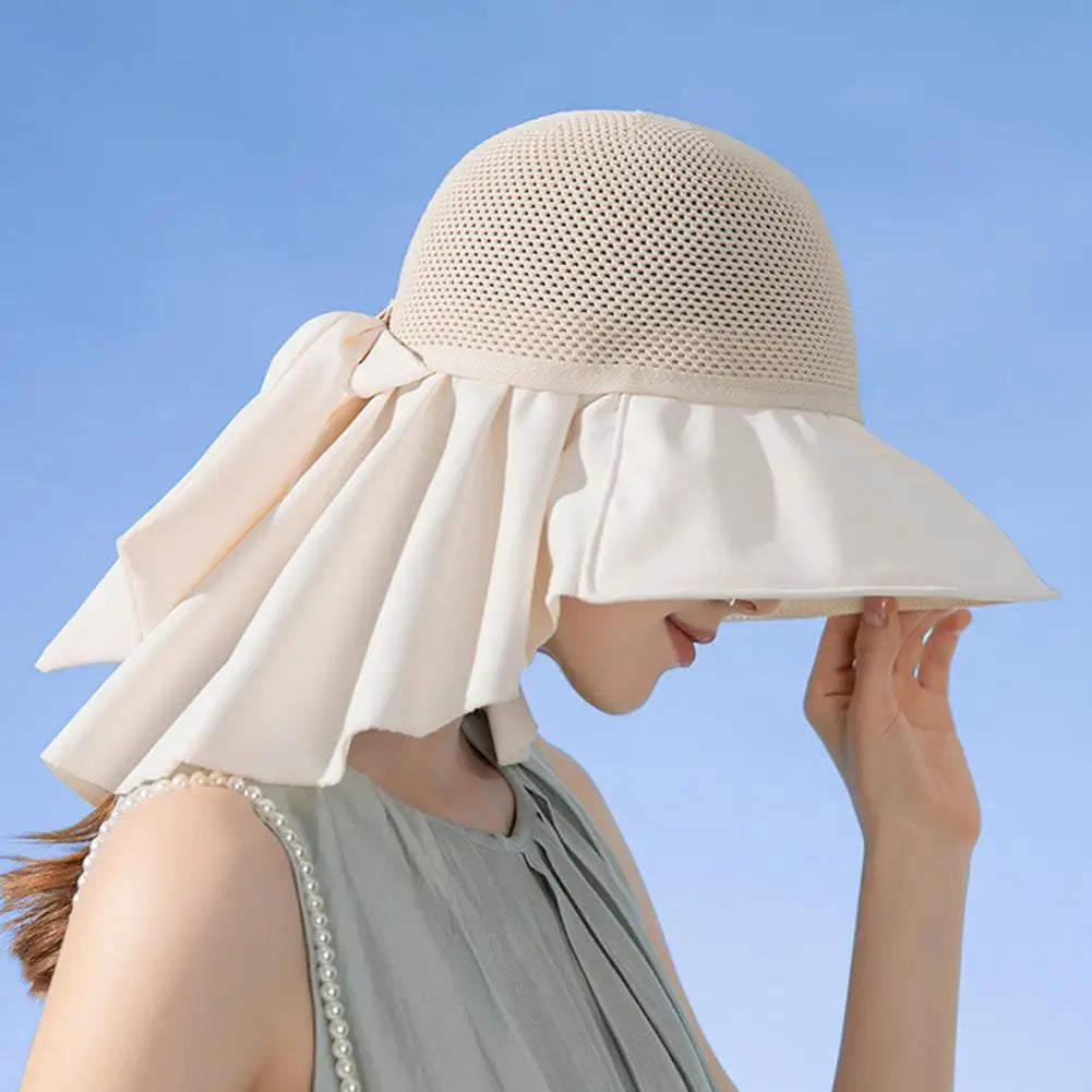 Summer Women Bucket Hat with Shawl Breathable Mesh Face Neck Protection Sun Hat Bow Pleat Wide Brim Hat Travel Beach Cap