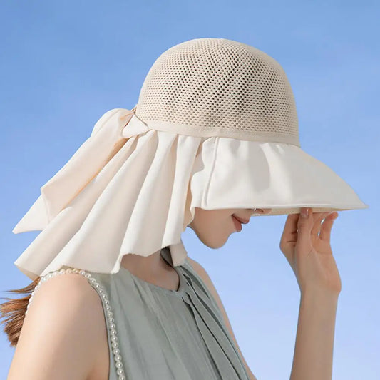 Summer Women Bucket Hat with Shawl Breathable Mesh Face Neck Protection Sun Hat Bow Pleat Wide Brim Hat Travel Beach Cap