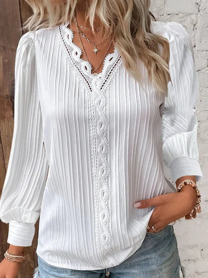 Elegant sommer hul blonder patchwork kvinder shirt chic blouse v nakke langærmet shirt almindelig blonder afslappet grundlæggende regelmæssige toppe