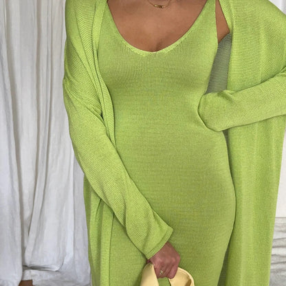 Tuularose žene dugačka haljina 2 komada solidna pletena špageta haljina s dugim rukavima kardigan set casual modne ženke set set