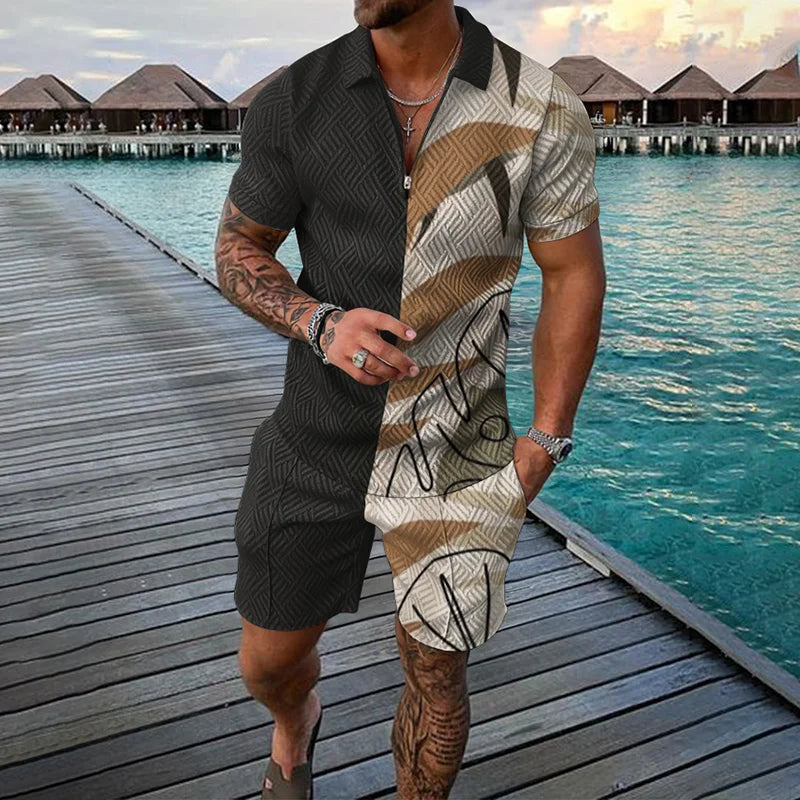 3D Print Nationality Style Men's Short Sleeve Sets Fashion Tee Shorts 2 Piece Outfit Casual Zipper Polo Shirts Summer Loose Suit