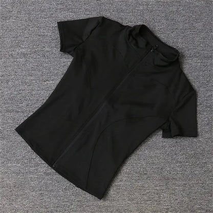 Kvinnor Summer Slim Yoga Tops Stand Collar Full dragkedja Korta ärmar Skjortor Solid träningskläder Gym Lunning Coats Lady Casual