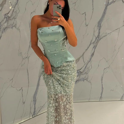 Bella anpassen grüne Perlen Mermaid Roben de Soirée trägerloser ärmellose Abschlussballkleider bodenlange Perlen Hochzeitskleid 2025