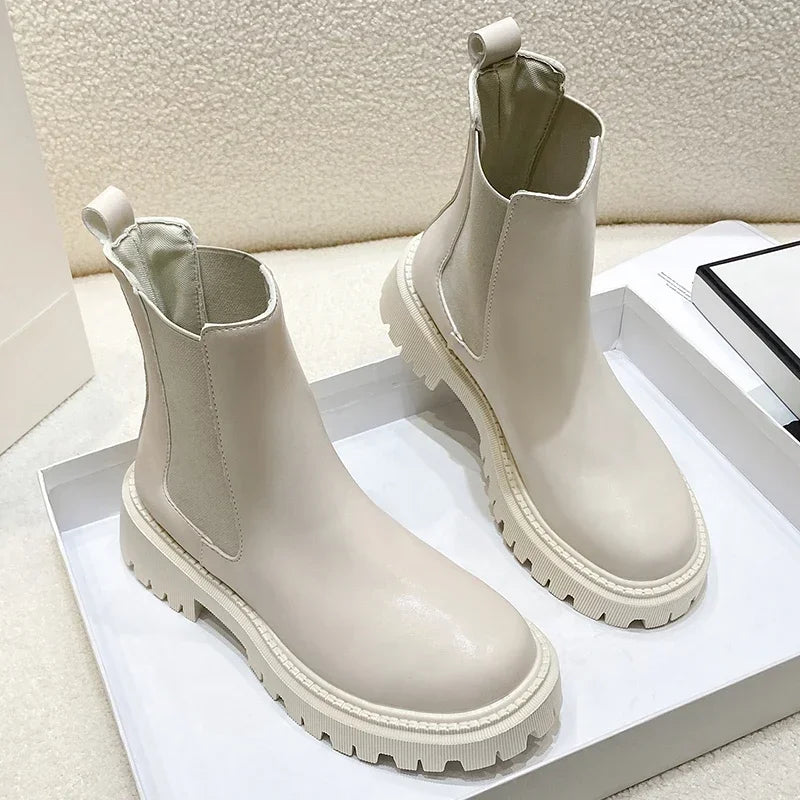 Ankle Boots Autumn Winter Classics Chelsea Boots Women Black Shoes Leather Platform Short Boots Slip on Elastic Band Goth Shoes