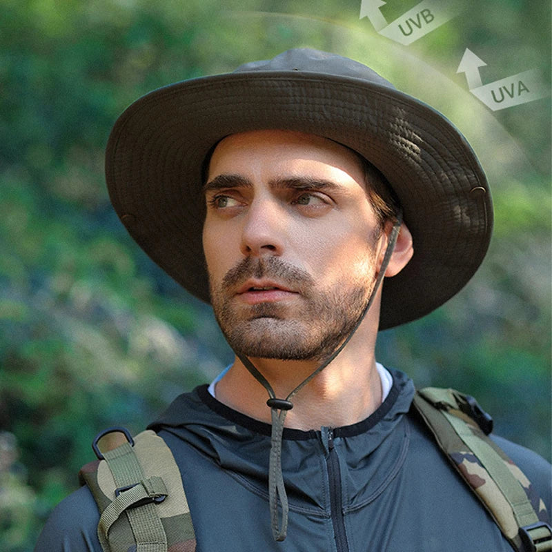Men Bucket pălărie scrisoare de broderie etichetă din piele cowboy pălărie impermeabilă exterioară exterioară capac de pescuit ușor 8cm brim anti-uv pălărie de soare