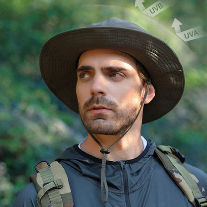 Men Bucket pălărie scrisoare de broderie etichetă din piele cowboy pălărie impermeabilă exterioară exterioară capac de pescuit ușor 8cm brim anti-uv pălărie de soare