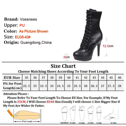 Elegant Woman Heeled Shoes 12.5CM Black Matte Low Female High Heel Platform Ankle Boots for Women Round Toe Boots Footwear