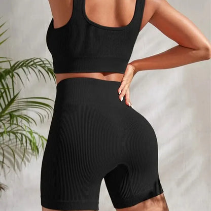 Women's 2-Piece Ribbed Seamless Breathable Sports Strap Vest High-Waisted Shorts Tracksuit