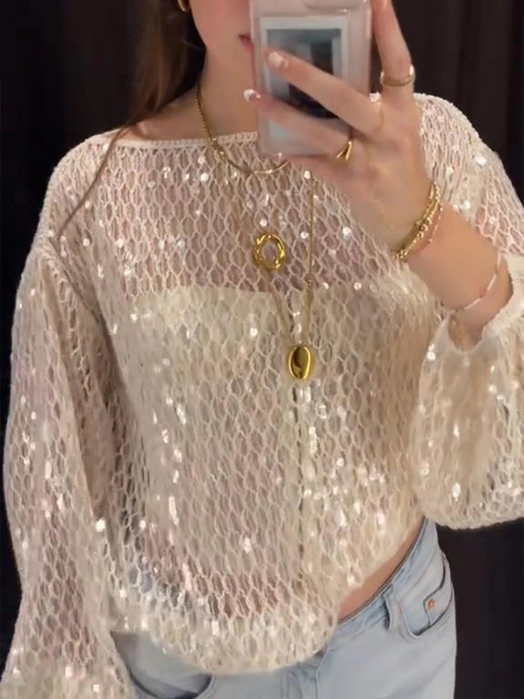 Sequins holur út pullovers konur frjálslegur laus kringl