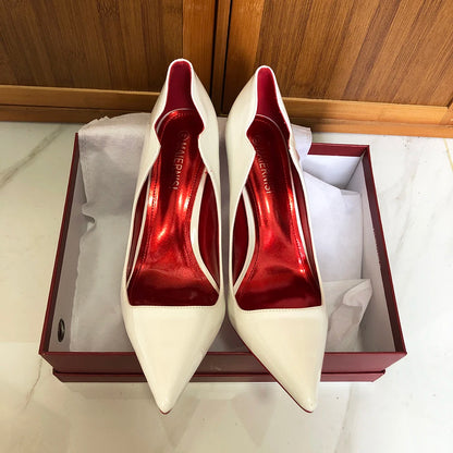 Heelgoo Glossy White Elegant Fashion Curl Cut Femei Pozitive Toe 12 cm Pantofi cu toc înalt Sexy V Cut Lady Wedding Pompe stiletto
