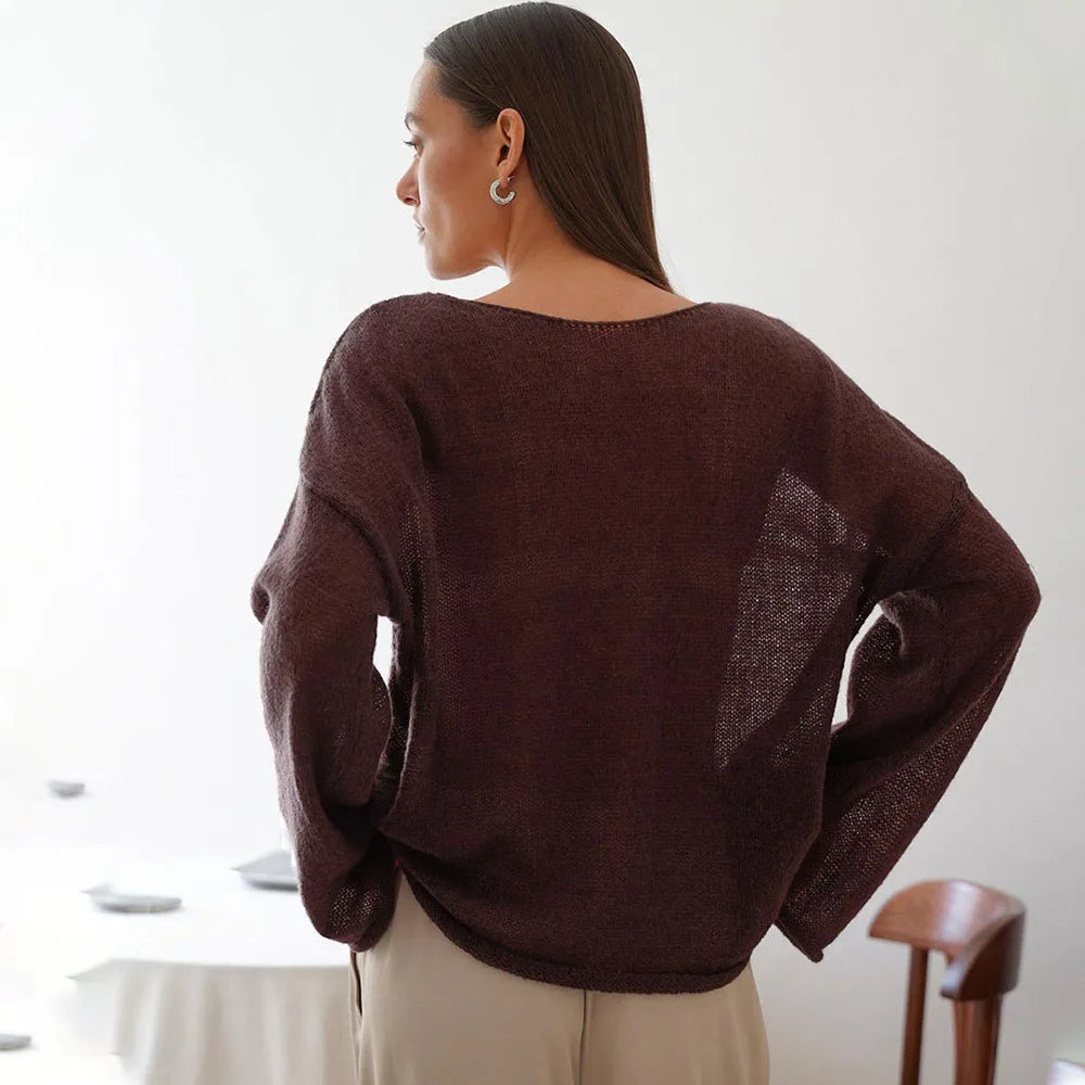 Talenza Hollow Knitted Sweater Pullover Women's Solid See-through O-Neck Long Sleeve Knitted T-Shirt Loose Casual Pullover 2025