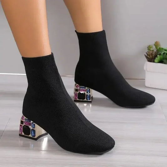 Women Shoes Fashion High Heels Rhinestone Ankle Boots Comfortable Slip-on Sexy Boots Shoes for Women Knitting Short Boots 2024