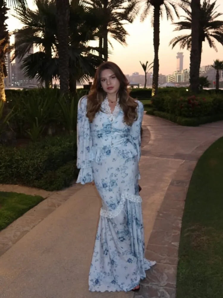 Elegant Print Tops Skirts Sets Women Full Flare Sleeve V-neck Shirts Hip Package Skirt Set Female 2025 Summer Fall Lady Suits