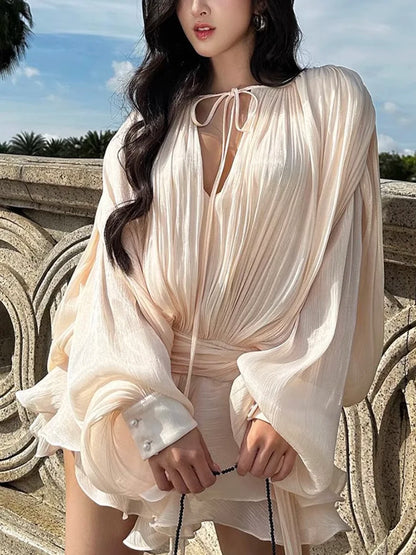 Galcaur Solid Loose Splicd Lace Up Dresses For Women V Neck Lange ermer Patchwork Ruffles Tunika Dreses Female Fashio Ny