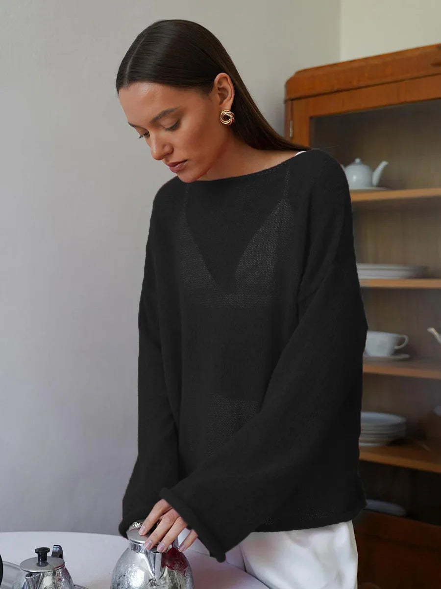 Talenza Hollow Knitted Sweater Pullover Women's Solid See-through O-Neck Long Sleeve Knitted T-Shirt Loose Casual Pullover 2025