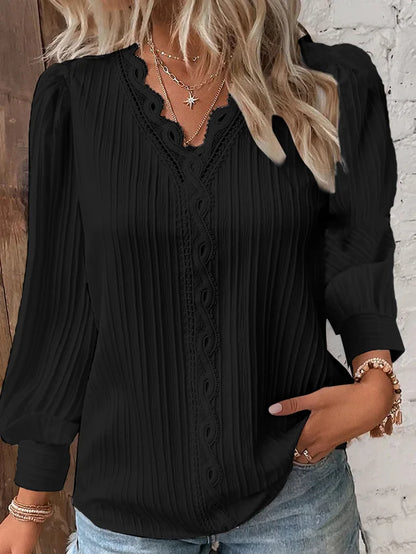 Elegant sommer hul blonder patchwork kvinder shirt chic blouse v nakke langærmet shirt almindelig blonder afslappet grundlæggende regelmæssige toppe