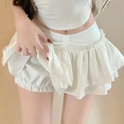 Shorts chique coreano chique em camadas de balé kawaii chique doce princesa mini saias elegantes elástica cintura alta saia combinando