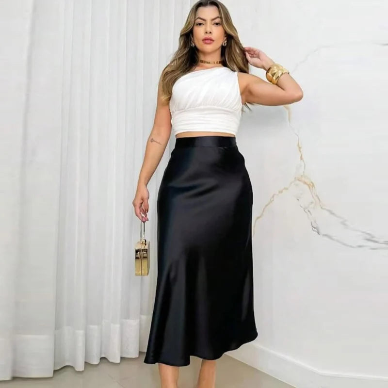 HXAO Women's Satin Long Skirts Black White Green Khaki Skirt Summer Elegant Women's Skirts Luxury Smooth High Waist Skirts 066