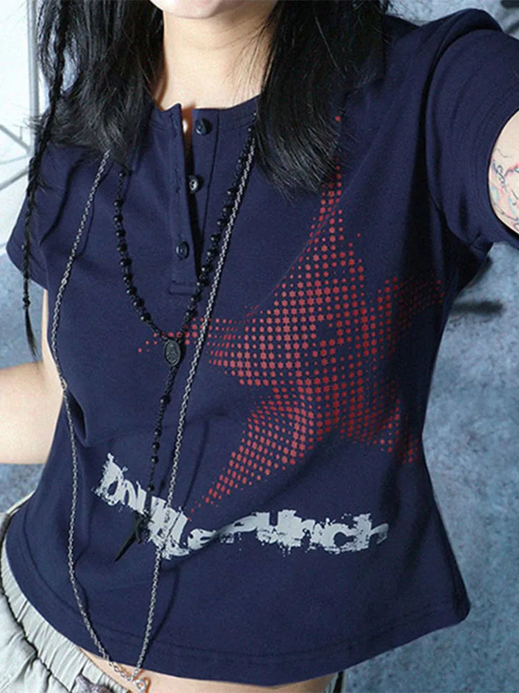 Harajuku Crop Top Japanese Style Star Pattern Round Neck Short Sleeve T Shirts Graphic Tee y2k Women Clothes Streetwear