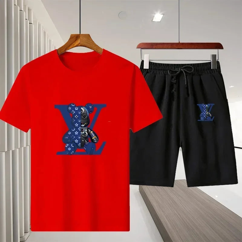 Ny 2025 Summer Leisure Men's Sports Suit Outdoor vandring Jogging Men's Short Sleeve Breattable T-shirt + Shorts Two-Piece Set