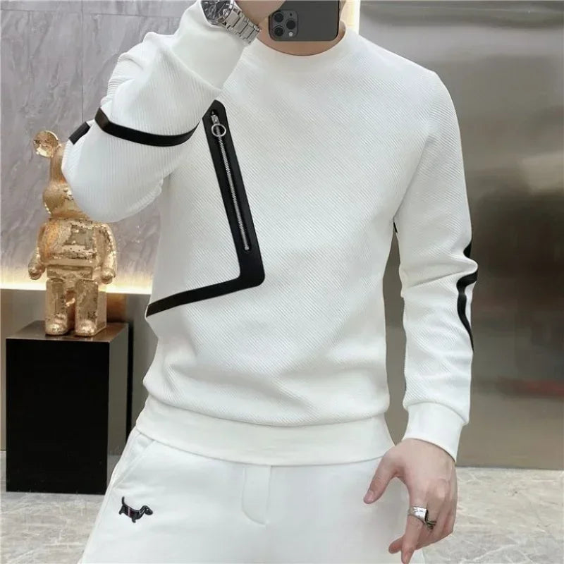 Spring Autumn Autumn Alta qualidade Luxo Camiseta redonda de pescoço masculino Trendslim Manga longa Jacquard Pullovers tops para homens